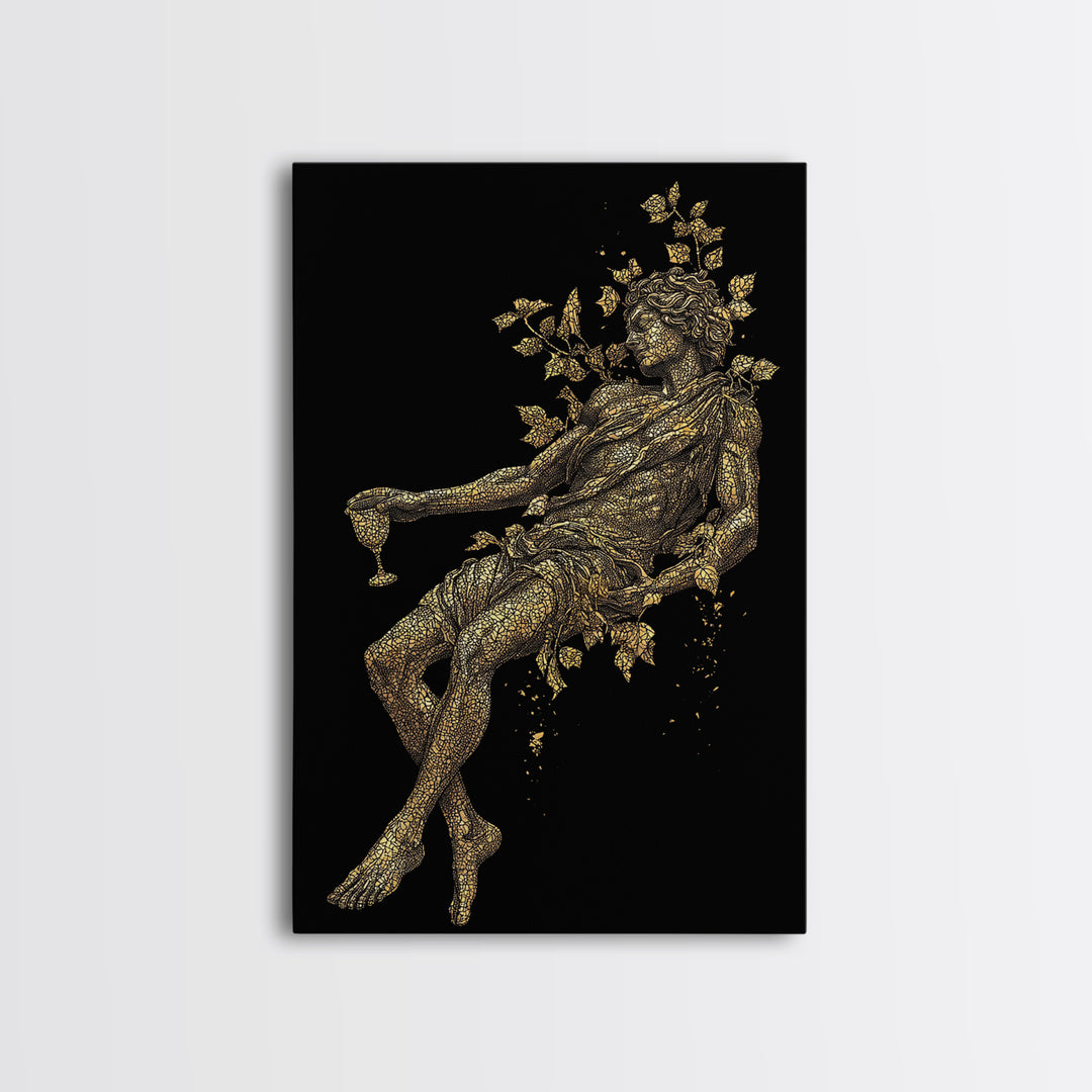 Resting God With Wine Artwork, Canvas Gold Canvas Print, Mythology Dionysus Inspired Wall Art, Mosaic Style, Real Wood Frame