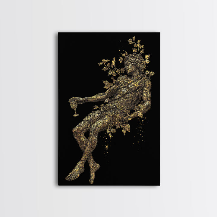 Resting God With Wine Artwork, Canvas Gold Canvas Print, Mythology Dionysus Inspired Wall Art, Mosaic Style, Real Wood Frame