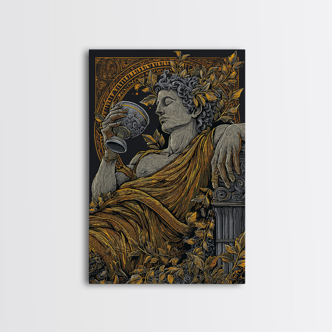 Reclining God With Chalice Artwork, Canvas Gold Art Print, Mythology Inspired Wall Decor, Classical Greek Style, Real Wood Frame