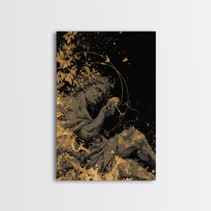 Mythology God Drinking Artwork, Canvas Gold Canvas Print, Ancient Dionysus Inspired Wall Art, Wine Motif Decor, Real Wood Frame