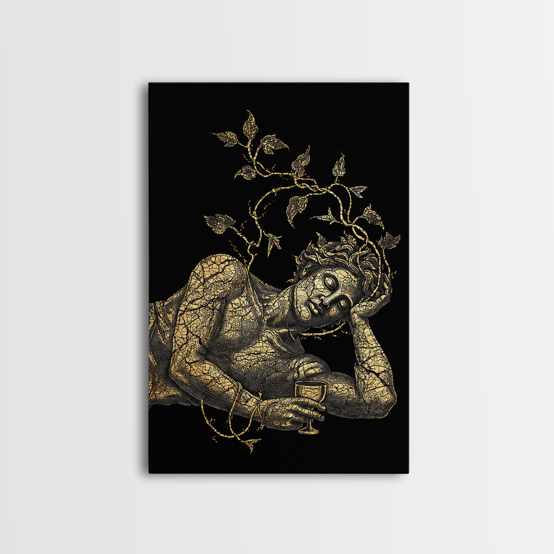 Sleeping God With Vines Artwork, Canvas Gold Art Print, Mythology Dionysus Inspired Wall Decor, Mosaic Style, Real Wood Frame