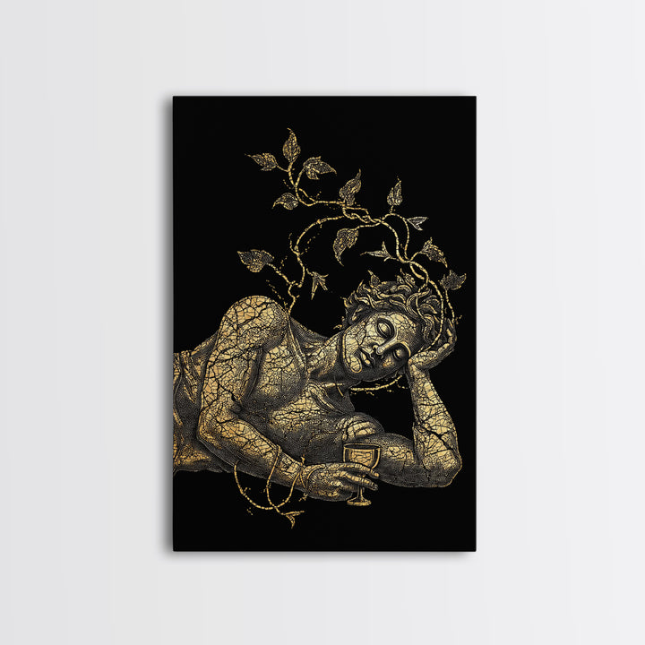 Sleeping God With Vines Artwork, Canvas Gold Art Print, Mythology Dionysus Inspired Wall Decor, Mosaic Style, Real Wood Frame