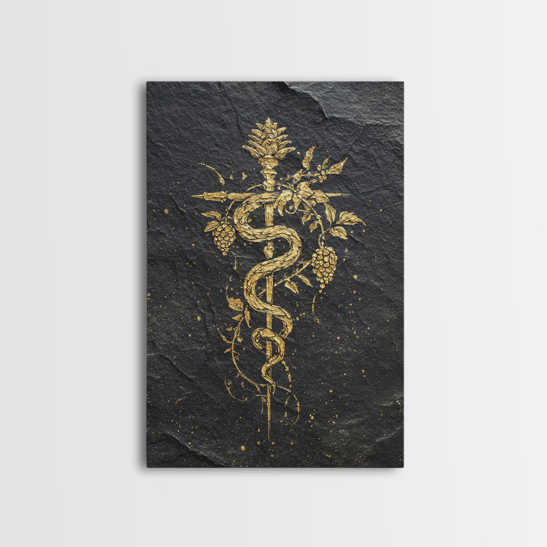 Mythical Serpent Staff Canvas Gold Canvas Print, Ancient Symbolic Snake Art, Luxury Decor With Real Wood Frame