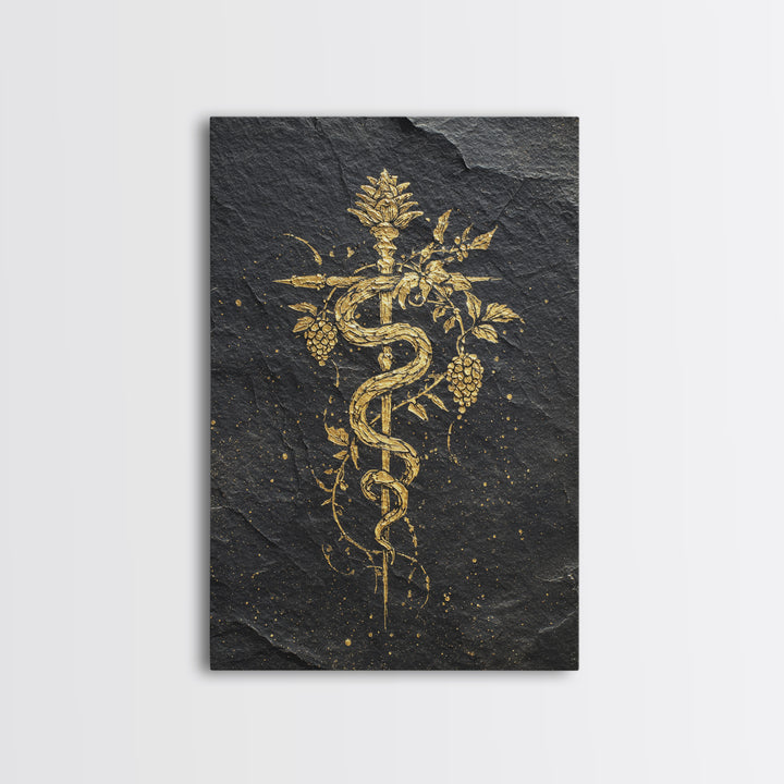 Mythical Serpent Staff Canvas Gold Canvas Print, Ancient Symbolic Snake Art, Luxury Decor With Real Wood Frame