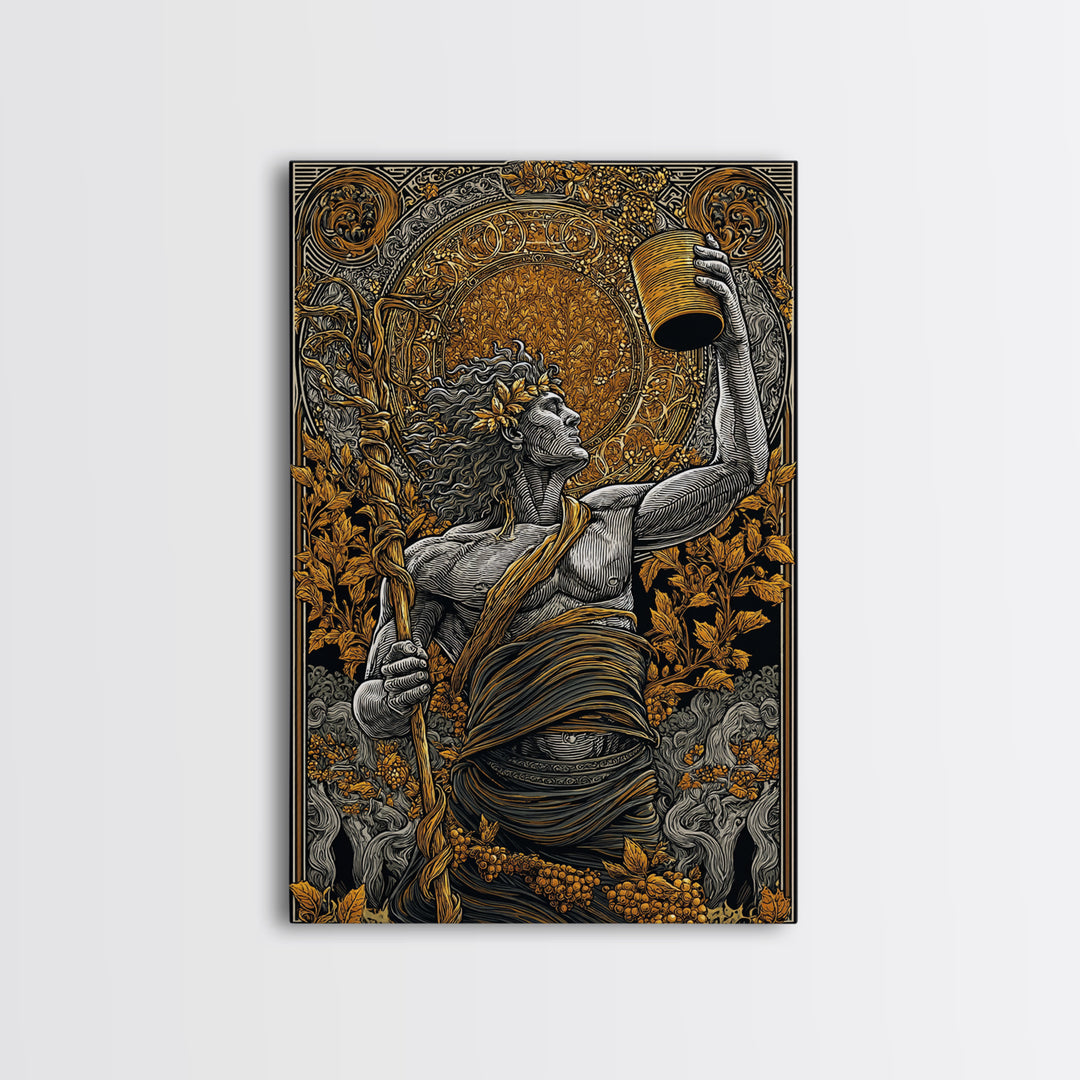 Dionysus Celebration Canvas Gold Canvas Print, Greek God Of Wine Wall Art, Mythology Decor With Real Wood Frame