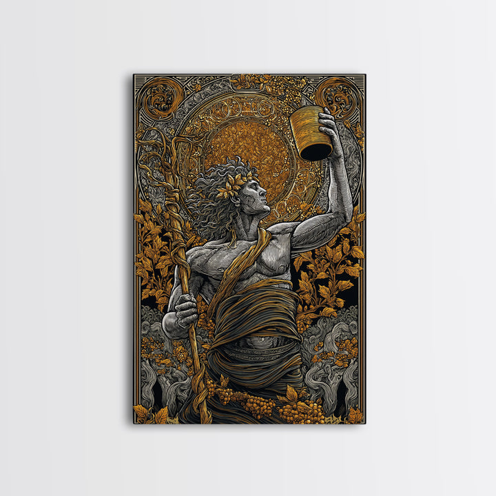 Dionysus Celebration Canvas Gold Canvas Print, Greek God Of Wine Wall Art, Mythology Decor With Real Wood Frame