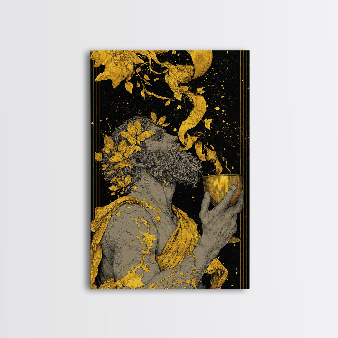 Bearded Dionysus Canvas Gold Canvas Print, Greek Mythology Wine God Wall Art, Regal Luxury Decor With Real Wood Frame