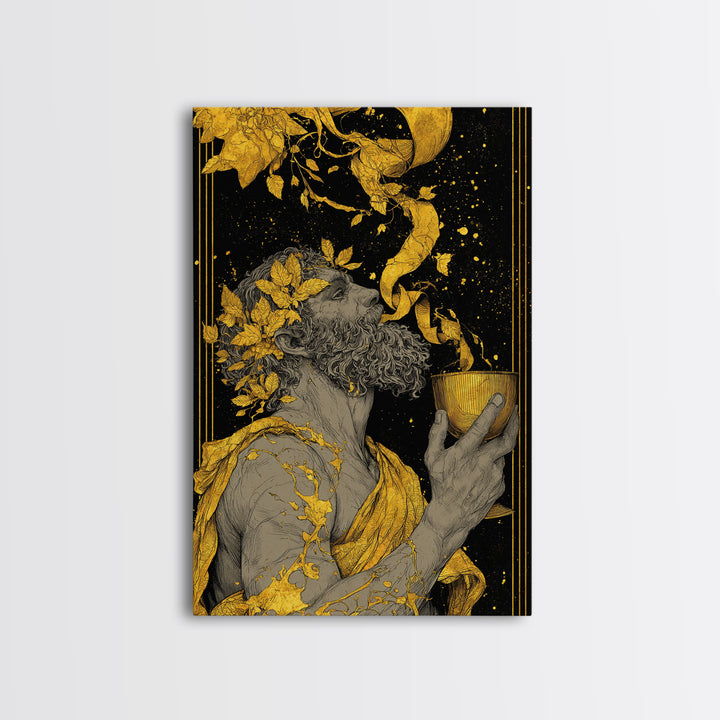 Bearded Dionysus Canvas Gold Canvas Print, Greek Mythology Wine God Wall Art, Regal Luxury Decor With Real Wood Frame