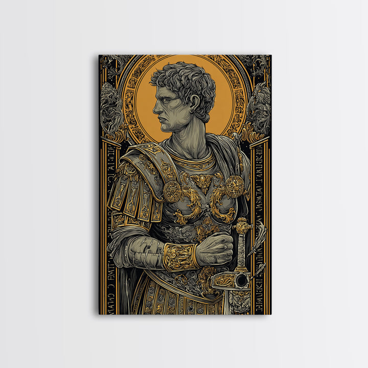 Roman General Portrait Canvas Gold Canvas Print, Ancient Warrior Wall Art, Regal Classical Decor With Real Wood Frame
