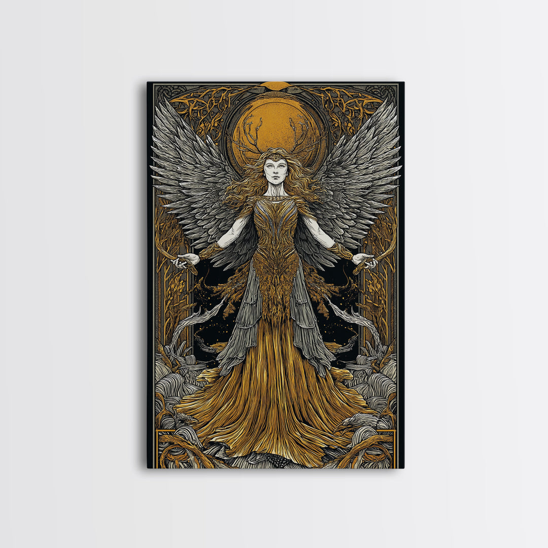 Mythical Winged Goddess Canvas Gold Canvas Print, Fantasy Divine Woman Art, Ethereal Luxury Decor With Real Wood Frame