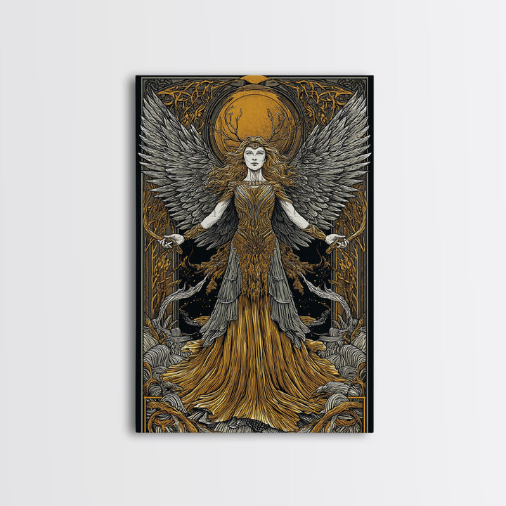 Mythical Winged Goddess Canvas Gold Canvas Print, Fantasy Divine Woman Art, Ethereal Luxury Decor With Real Wood Frame