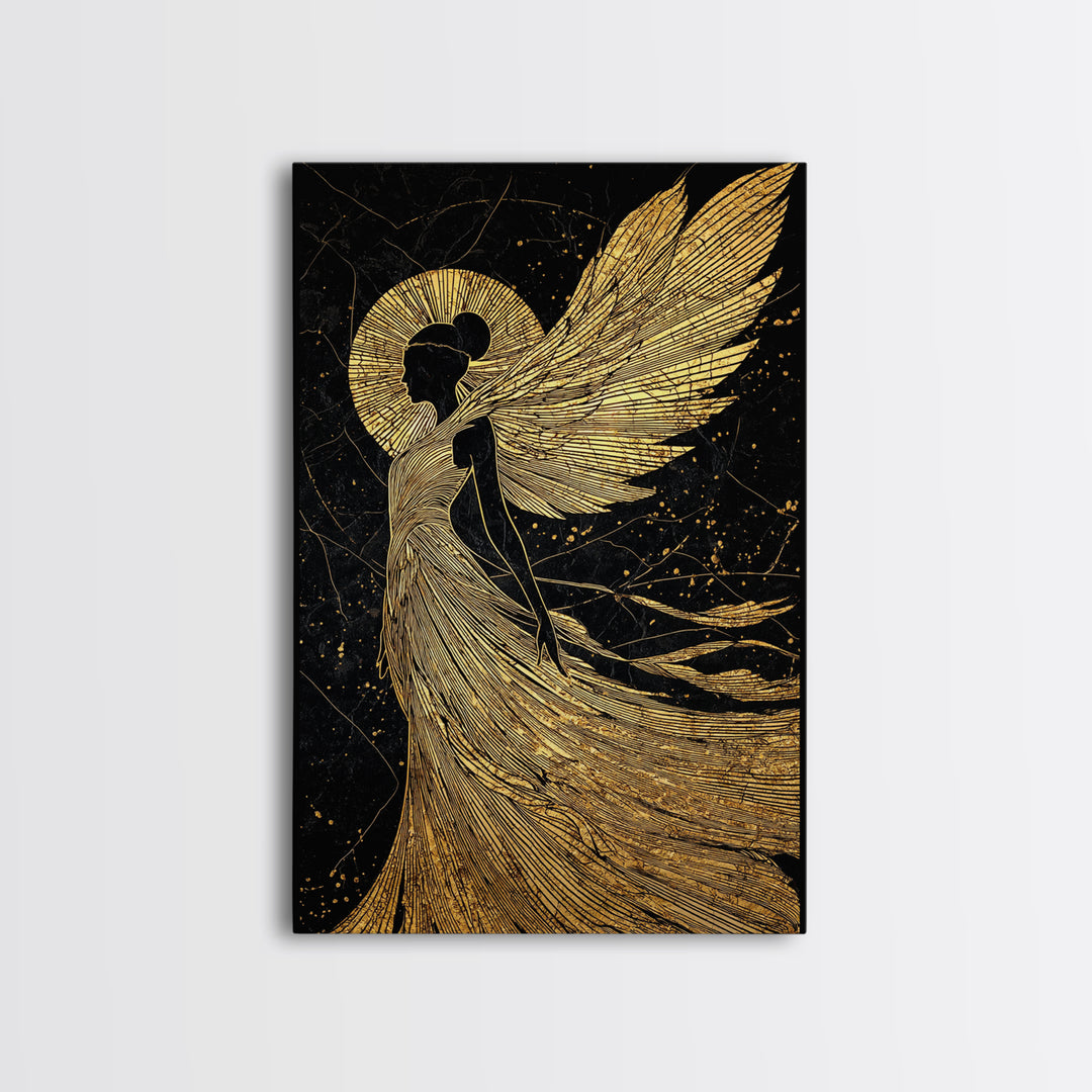 Golden Angelic Silhouette Canvas Gold Canvas Print, Elegant Divine Figure Art, Celestial Decor With Real Wood Frame