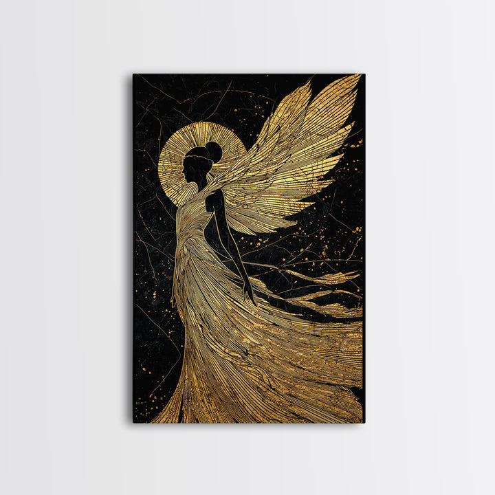 Golden Angelic Silhouette Canvas Gold Canvas Print, Elegant Divine Figure Art, Celestial Decor With Real Wood Frame