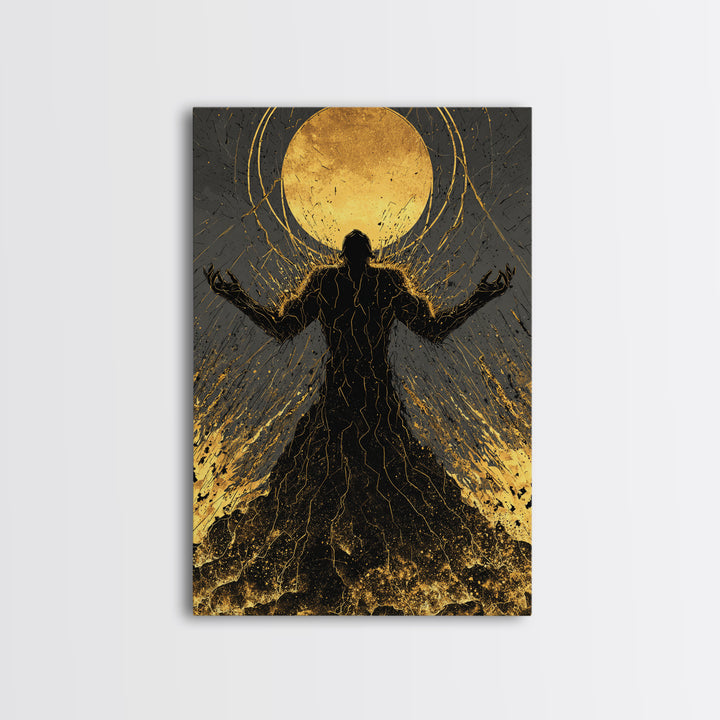 Cosmic Ascension Canvas Gold Canvas Print, Abstract Silhouette Moon Art, Spiritual Mythology Decor With Real Wood Frame