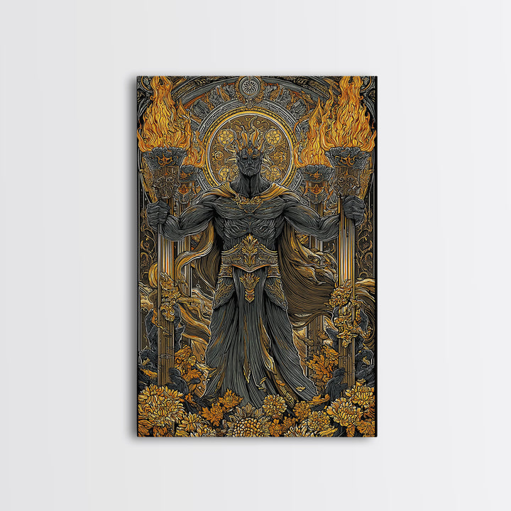 Hades Underworld Canvas Gold Canvas Print, Greek God Of The Dead Wall Art, Dark Mythology Decor With Real Wood Frame