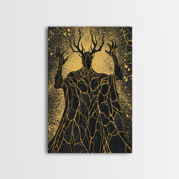 Antlered Mythical Deity Canvas Gold Canvas Print, Fantasy Abstract Wall Art, Mystical Surreal Figure, Real Wood Frame