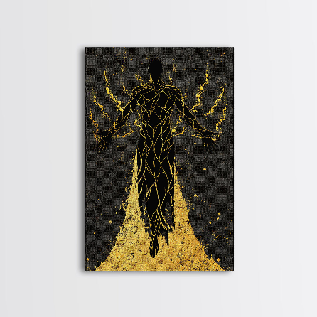 Radiant Ascension Canvas Gold Canvas Print, Mythological Abstract Silhouette, Celestial Fantasy Wall Art, Real Wood Frame