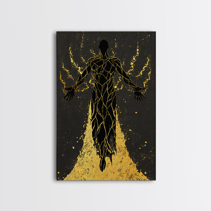 Radiant Ascension Canvas Gold Canvas Print, Mythological Abstract Silhouette, Celestial Fantasy Wall Art, Real Wood Frame