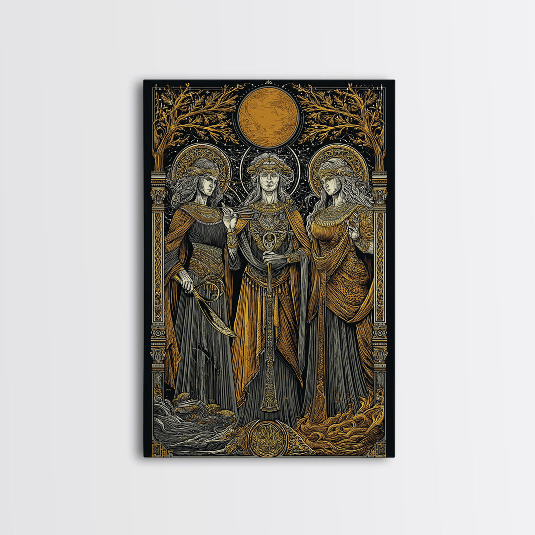 Three Goddesses Mythological Canvas Gold Canvas Print, Greek Goddess Wall Art, Sacred Feminine Decorative Art, Real Wood Frame