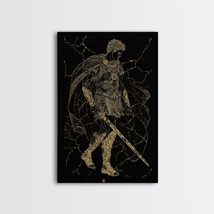 Roman Warrior Hero Canvas Gold Canvas Print, Ancient Gladiator Wall Art, Mythological Soldier Decor, Real Wood Frame
