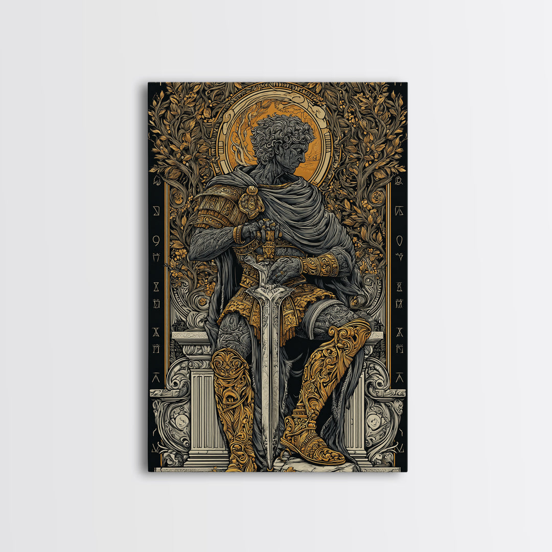 Seated Roman King Canvas Gold Canvas Print, Ancient Emperor Wall Art, Regal Mythological Decor, Real Wood Frame