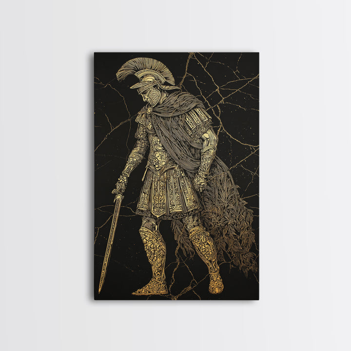 Mythical Roman Soldier Canvas Gold Canvas Print, Ancient Gladiator Wall Art, Warrior Decorative Art, Real Wood Frame