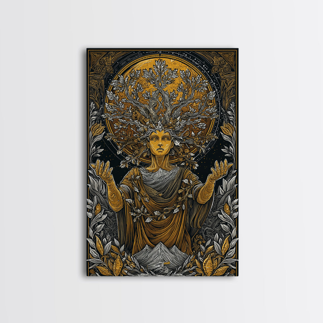 Gaia Mother Earth Canvas Gold Canvas Print, Greek Goddess Wall Art, Divine Nature Decorative Art, Real Wood Frame