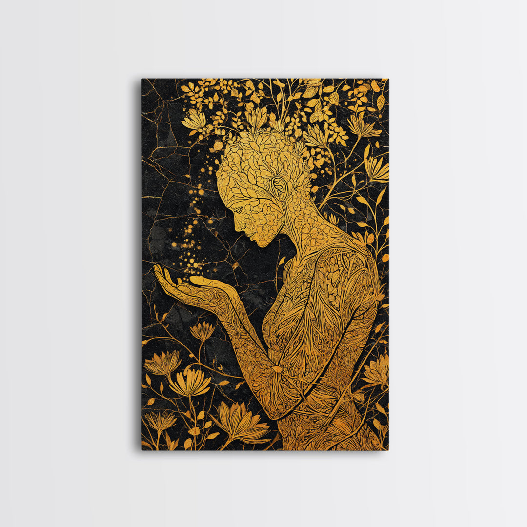 Floral Spirit Goddess Canvas Gold Canvas Print, Botanical Mythological Wall Art, Feminine Divine Decor, Real Wood Frame