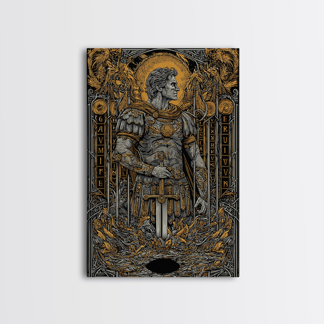 Roman Warrior Holding Sword, Canvas Gold Canvas Print, Ancient Soldier Artwork, Mythology Wall Art, Real Wood Frame