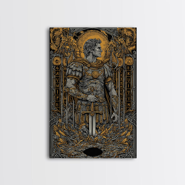 Roman Warrior Holding Sword, Canvas Gold Canvas Print, Ancient Soldier Artwork, Mythology Wall Art, Real Wood Frame