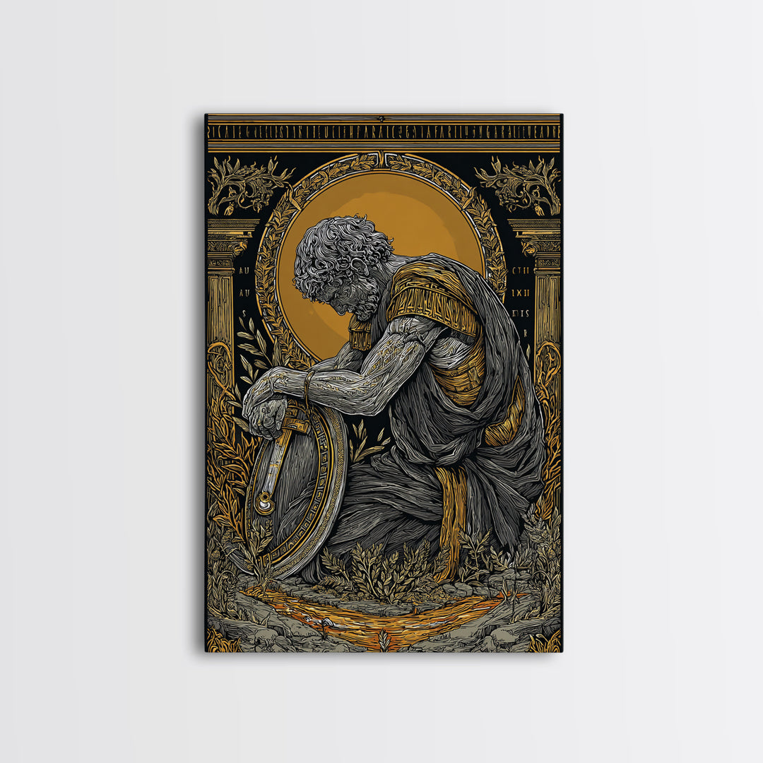 Kneeling Roman Soldier With Shield, Canvas Gold Art, Mythology Inspired Print, Ancient History Wall Decor, Real Wood Frame