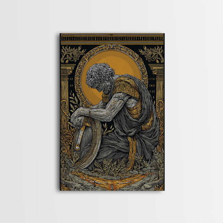 Kneeling Roman Soldier With Shield, Canvas Gold Art, Mythology Inspired Print, Ancient History Wall Decor, Real Wood Frame