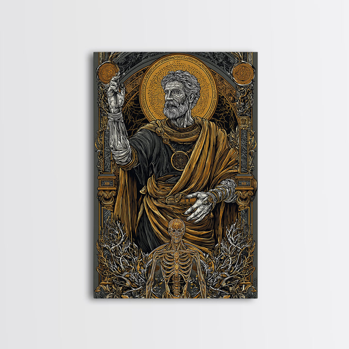 Ancient Philosopher With Skeleton, Canvas Gold Canvas Print, Mythology Wall Art, Classical History Artwork, Real Wood Frame