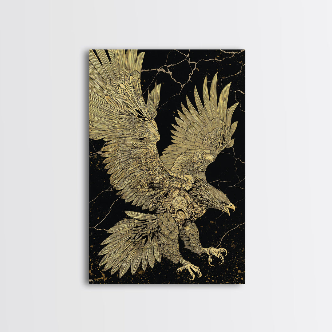 Majestic Eagle In Flight, Canvas Gold Art, Mythology Inspired Bird Print, Ancient Symbol Wall Decor, Luxury Real Wood Frame
