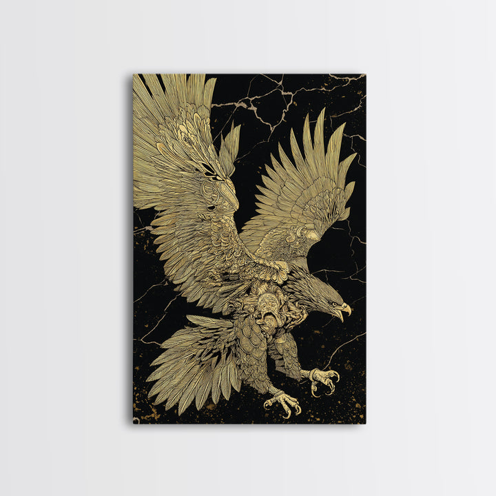 Majestic Eagle In Flight, Canvas Gold Art, Mythology Inspired Bird Print, Ancient Symbol Wall Decor, Luxury Real Wood Frame