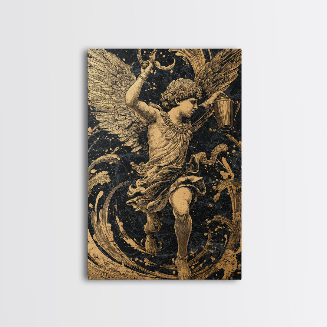 Winged Angel With Water Vessel, Canvas Gold Canvas Print, Mythology Inspired Artwork, Ancient Classical Decor, Real Wood Frame