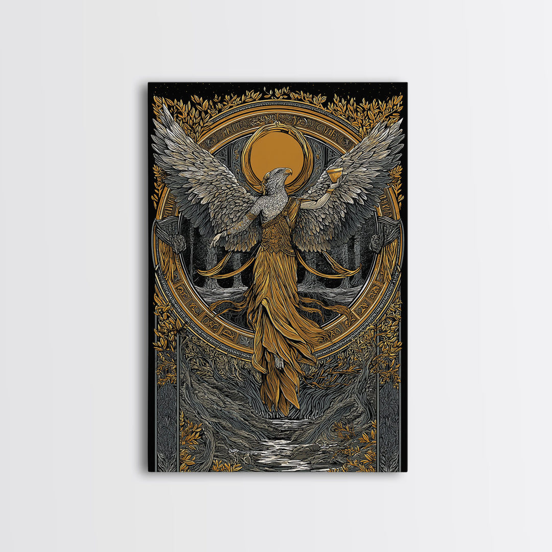 Eagle Headed Deity Holding Chalice, Canvas Gold Art, Mythology Inspired Wall Print, Ancient Symbol Artwork, Real Wood Frame