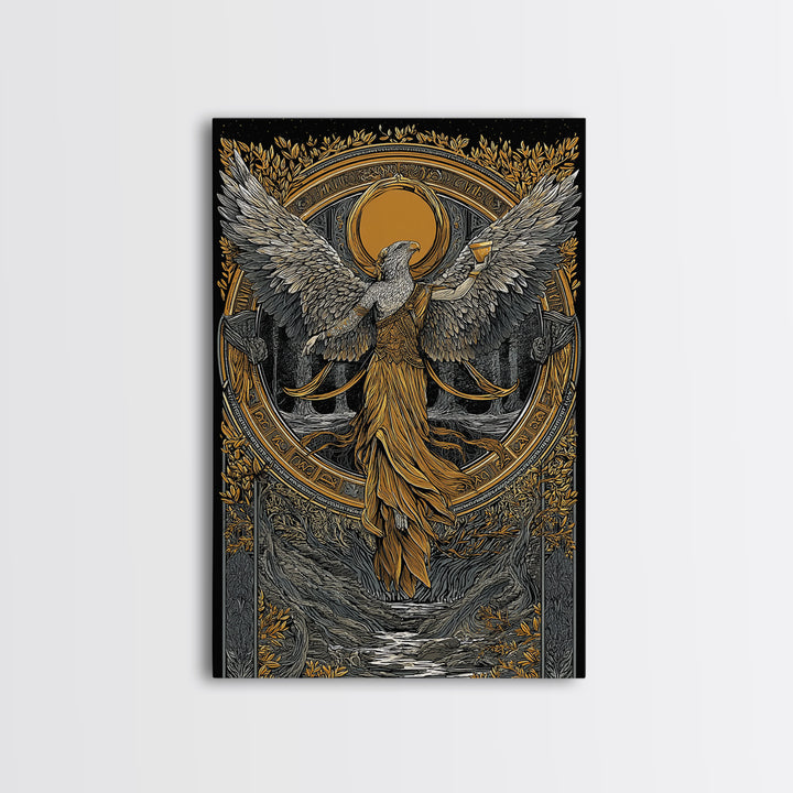 Eagle Headed Deity Holding Chalice, Canvas Gold Art, Mythology Inspired Wall Print, Ancient Symbol Artwork, Real Wood Frame