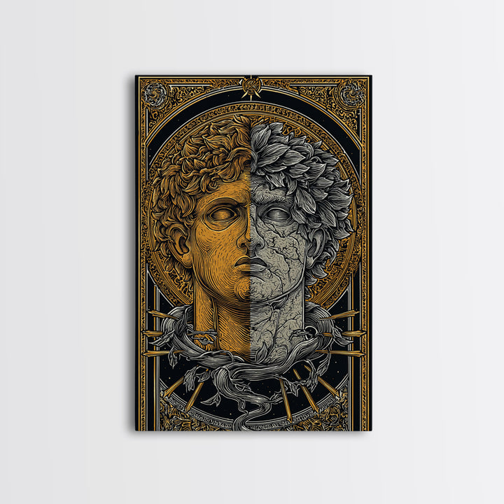 Dual Faced Mythological Bust, Canvas Gold Canvas Print, Ancient Symbolic Artwork, Mythology Inspired Wall Decor, Real Wood Frame