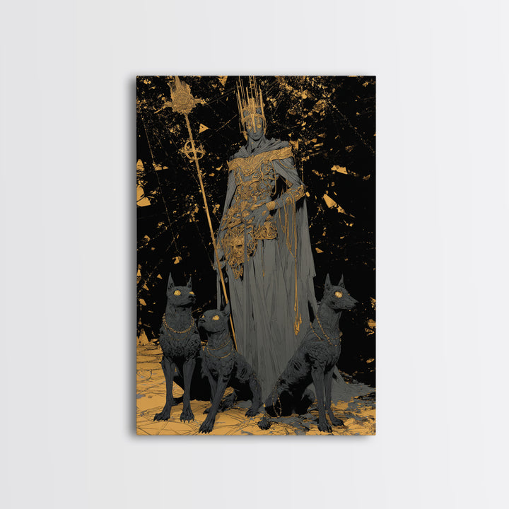 Dark King With Hounds, Canvas Gold Art, Mythology Inspired Canvas Print, Ancient Underworld Wall Artwork, Real Wood Frame