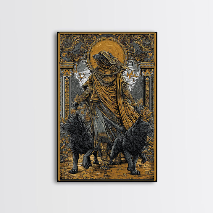 Hooded Deity With Wolves, Canvas Gold Canvas Print, Mythology Inspired Artwork, Ancient Symbolic Wall Decor, Real Wood Frame