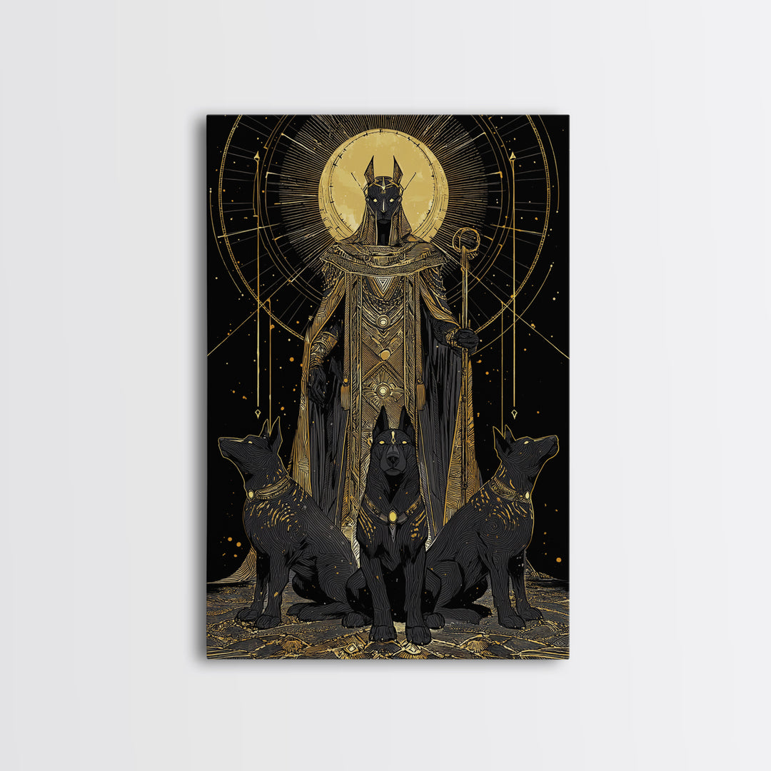 Anubis With Sacred Hounds, Canvas Gold Art, Mythology Inspired Canvas Print, Egyptian God Wall Artwork, Real Wood Frame