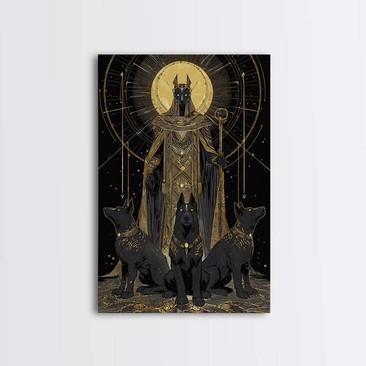 Anubis With Sacred Hounds, Canvas Gold Art, Mythology Inspired Canvas Print, Egyptian God Wall Artwork, Real Wood Frame