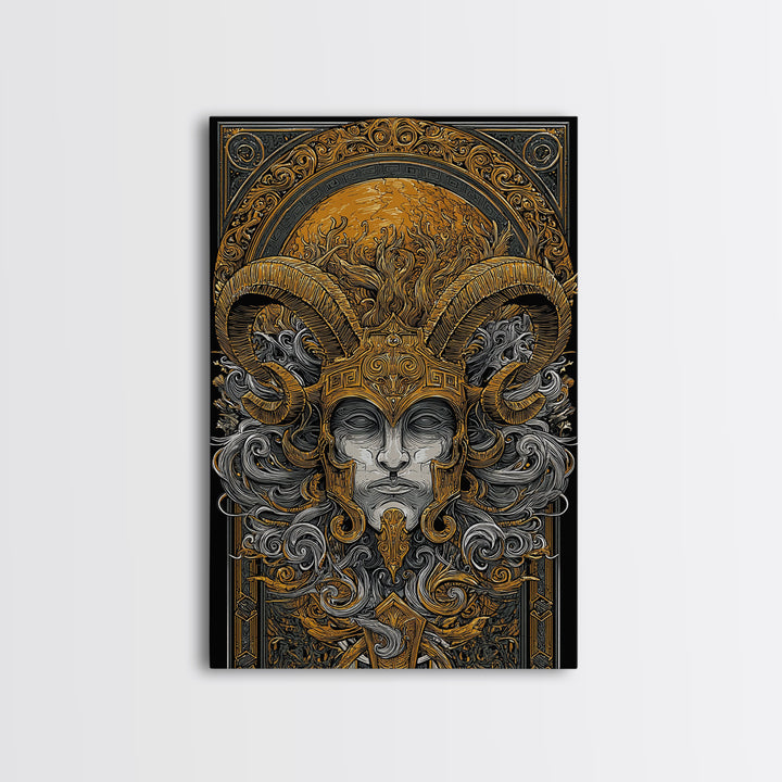 Mythical Horned Warrior Canvas Gold Canvas Print, Intricate Greek God Art, Luxury Wall Decor, Real Wood Frame Artwork