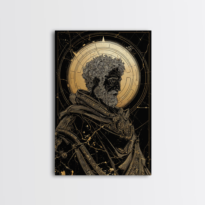 Ancient Philosopher Bust Canvas Gold Canvas Print, Greek Portrait Wall Art, Regal Mythology Decor, Real Wood Frame