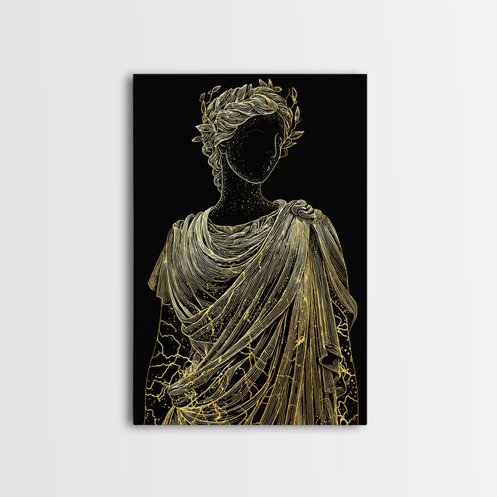 Divine Goddess Bust Canvas Gold Canvas Print, Ethereal Greek Statue Art, Elegant Classical Wall Decor, Real Wood Frame
