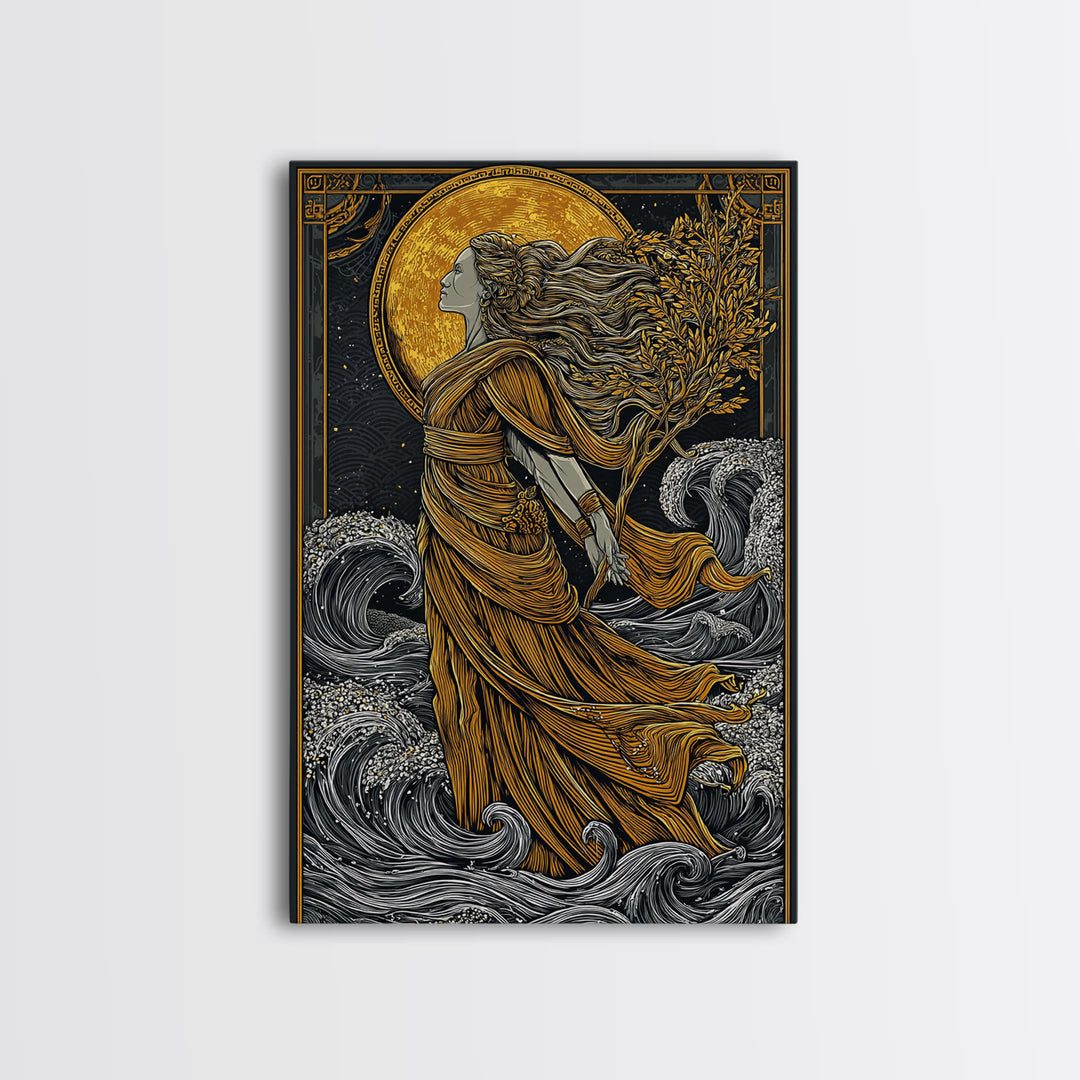 Moonlit Goddess Canvas Gold Canvas Print, Flowing Mythology Wall Art, Timeless Greek Fantasy Decor, Real Wood Frame