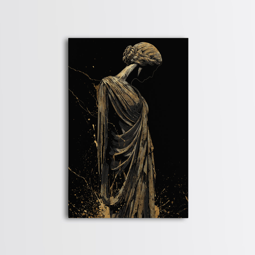 Grecian Muse Silhouette Canvas Gold Canvas Print, Elegant Greek Goddess Art, Minimalist Luxury Wall Decor, Real Wood Frame