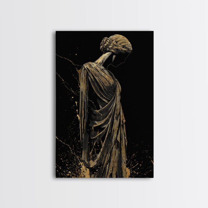 Grecian Muse Silhouette Canvas Gold Canvas Print, Elegant Greek Goddess Art, Minimalist Luxury Wall Decor, Real Wood Frame