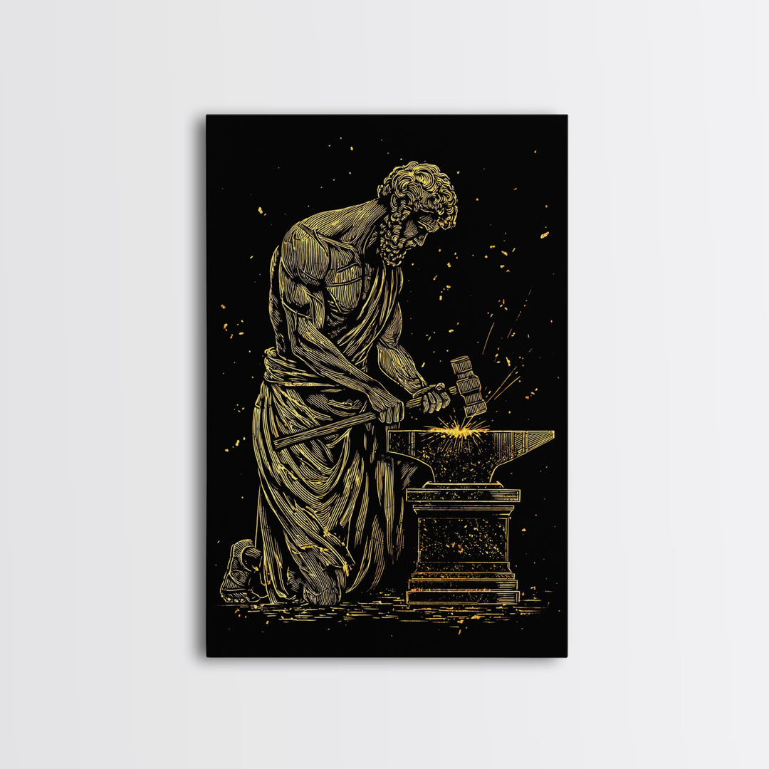 Hephaestus At Forge Canvas Gold Canvas Print, Greek God Blacksmith Art, Strong Mythology Wall Decor, Real Wood Frame
